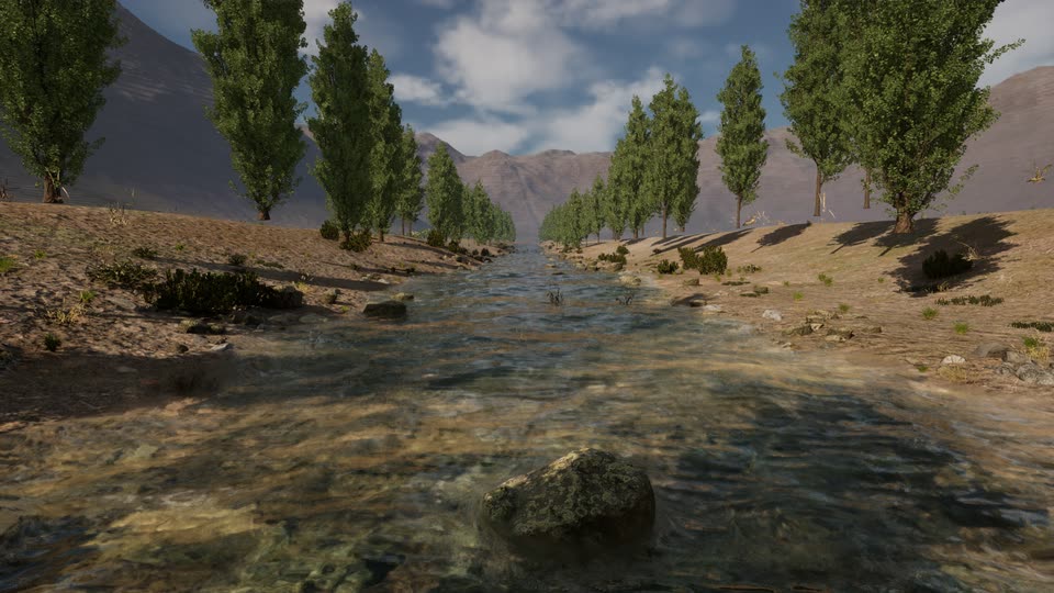 Eye-level view up a shallow, clear mountain river: a mossy boulder in the water, poplar rows on both banks and bare brown ridges under a blue sky.