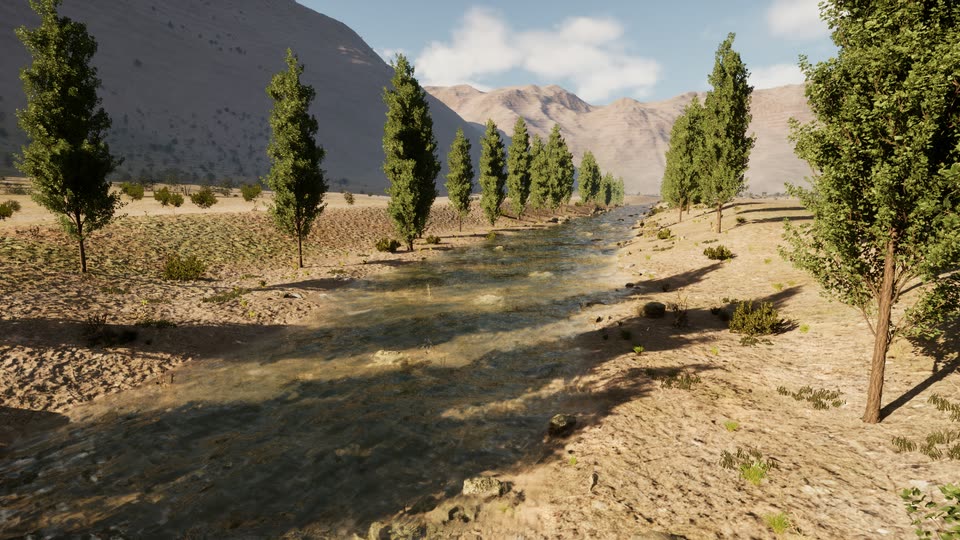 A shallow river winding between rows of tall poplars across a sunlit sandy valley floor, with steep bare mountains and white clouds behind.