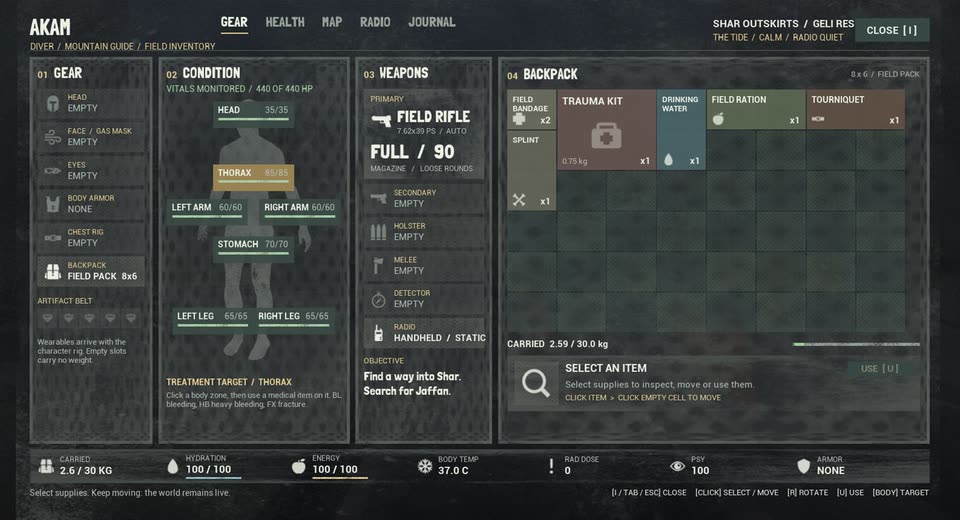 Dark inventory screen in four columns: gear slots, a body silhouette with seven health zones, a field rifle card, and a backpack grid holding medical supplies, water and food.