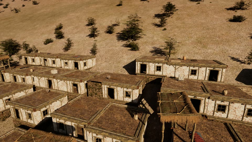 Looking down over flat earth roofs edged with timber beams: plastic water tanks, a satellite dish, a clay jar, sacks and a straw-roofed shade, with oaks on the dry hillside beyond.